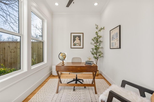 203 Munford St, Houston, TX 77008 - office area featuring baseboards, a ceiling fan, and recessed lighting