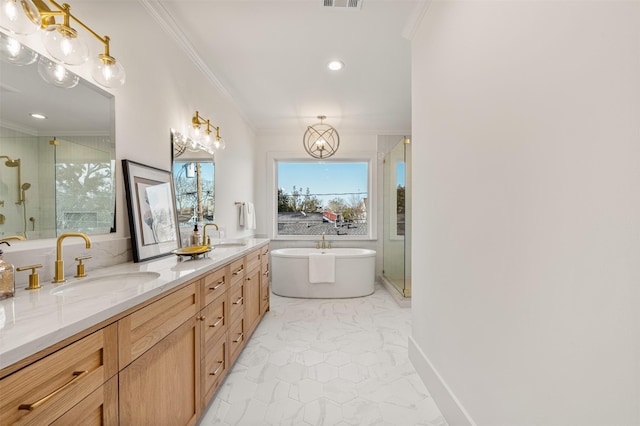 203 Munford St, Houston, TX 77008 - bathroom featuring double vanity, a sink, a shower stall, marble finish floor, and ornamental molding