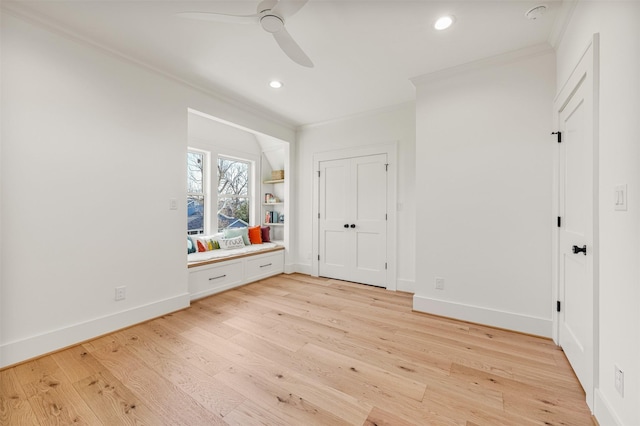 203 Munford St, Houston, TX 77008 - unfurnished bedroom featuring light wood finished floors, a ceiling fan, crown molding, baseboards, and recessed lighting