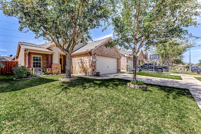 view of front of house featuring fence, an attached garage, concrete driveway, a front lawn, and brick siding