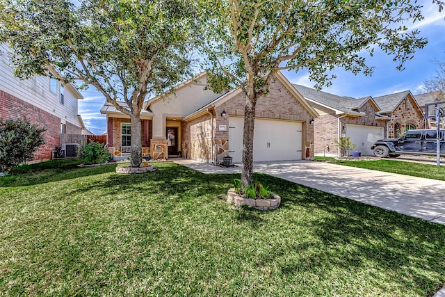 view of front of home with driveway, central AC, a front lawn, a garage, and brick siding