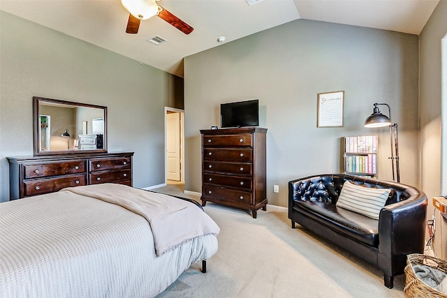 bedroom with baseboards, visible vents, lofted ceiling, ceiling fan, and light carpet