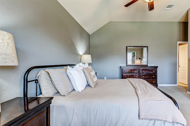 bedroom featuring baseboards, visible vents, carpet floors, lofted ceiling, and ceiling fan