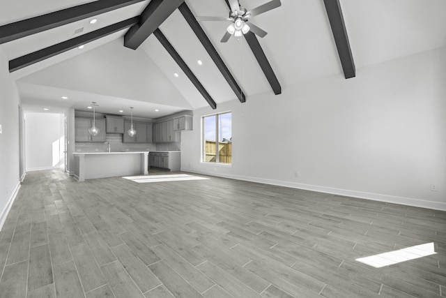 unfurnished living room with light wood-style floors, a ceiling fan, high vaulted ceiling, beamed ceiling, and baseboards