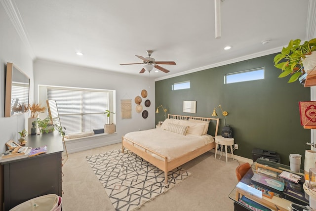 carpeted bedroom with recessed lighting, crown molding, baseboards, and ceiling fan