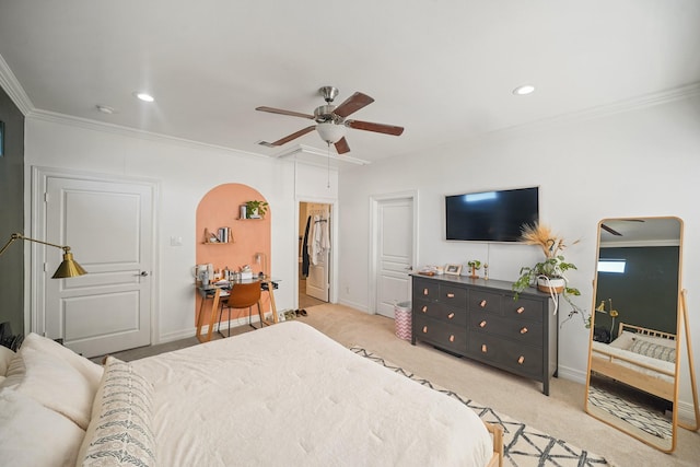 bedroom with attic access, recessed lighting, crown molding, and baseboards