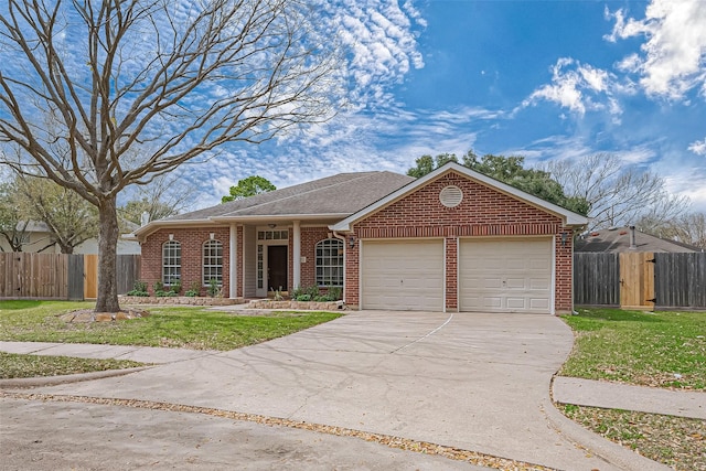 ranch-style house with driveway, a garage, fence, a front lawn, and brick siding