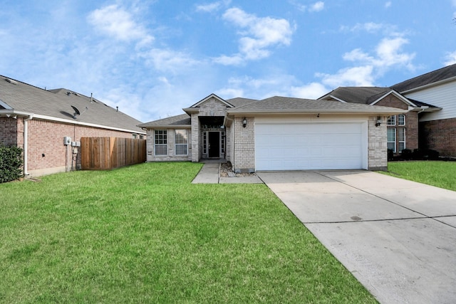 single story home with a front lawn, brick siding, driveway, and an attached garage