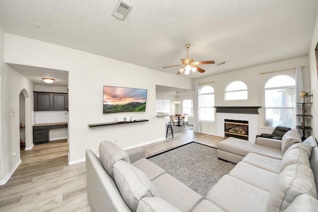 living area featuring light wood-type flooring, plenty of natural light, and visible vents