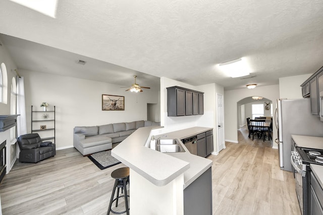 kitchen featuring appliances with stainless steel finishes, arched walkways, open floor plan, and a sink