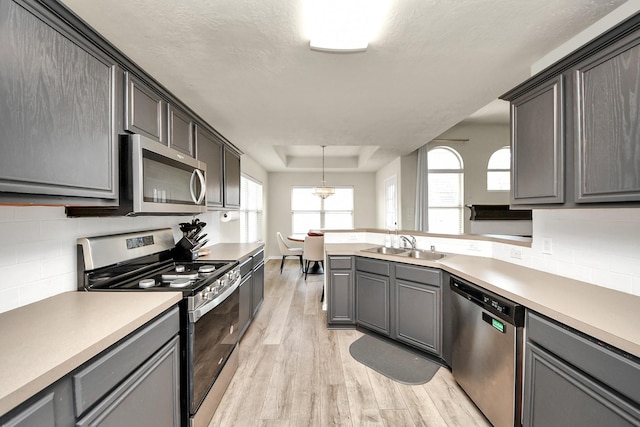 kitchen with light wood-style floors, appliances with stainless steel finishes, a raised ceiling, and decorative backsplash