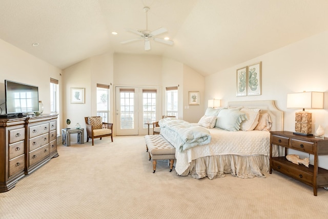 bedroom with access to exterior, lofted ceiling, multiple windows, and light carpet