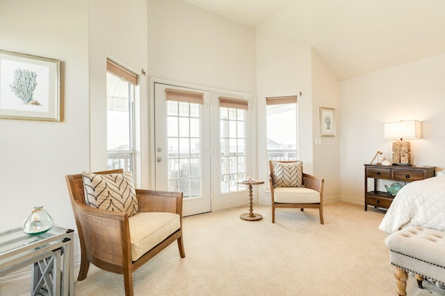 living area featuring high vaulted ceiling and light colored carpet