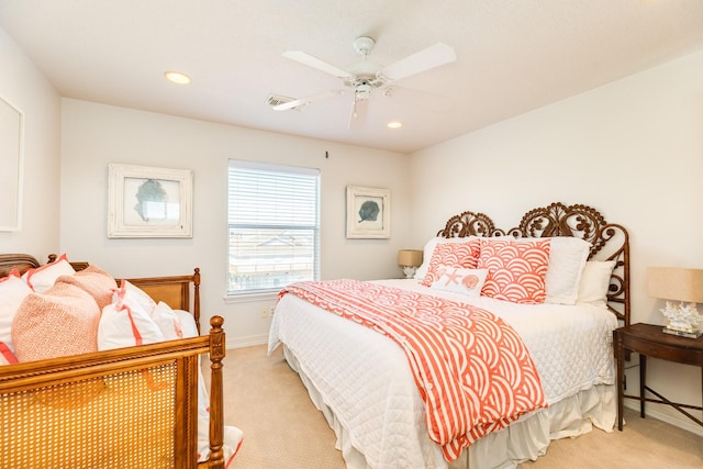 bedroom featuring recessed lighting, light colored carpet, ceiling fan, and visible vents