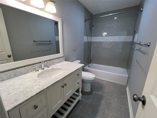 full bathroom with toilet, shower / bathtub combination, tile patterned flooring, and vanity