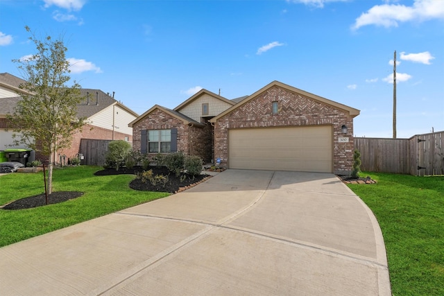 view of front facade featuring concrete driveway, an attached garage, fence, a front yard, and brick siding