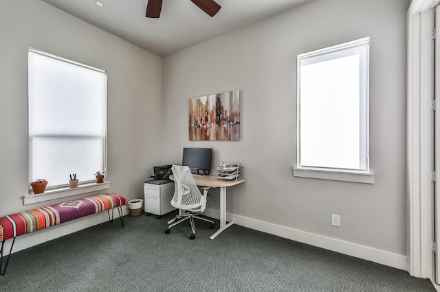 office space featuring a ceiling fan, carpet, and baseboards