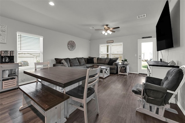 dining area with ceiling fan, plenty of natural light, dark wood finished floors, and visible vents