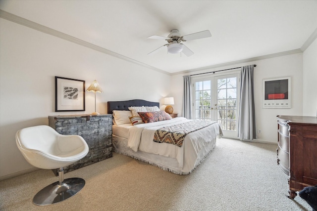 carpeted bedroom with access to outside, french doors, crown molding, and baseboards