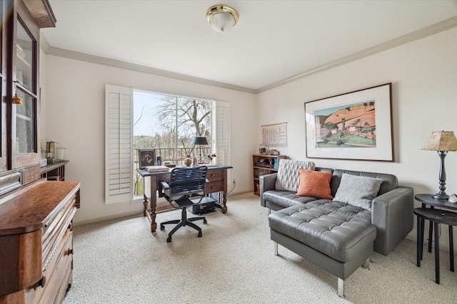 office area featuring ornamental molding, light carpet, and baseboards