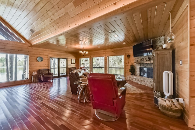 living area featuring wood ceiling, visible vents, wooden walls, and a stone fireplace