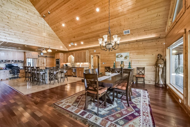 dining area with visible vents, dark wood finished floors, wooden ceiling, an inviting chandelier, and wood walls