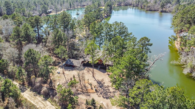 aerial view featuring a water view and a forest view