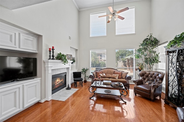 living room with ceiling fan, a fireplace, visible vents, ornamental molding, and light wood finished floors