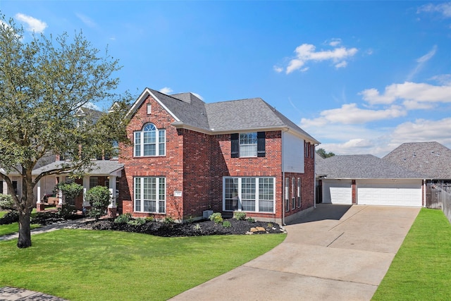 view of front of house featuring a garage, roof with shingles, a front lawn, and brick siding