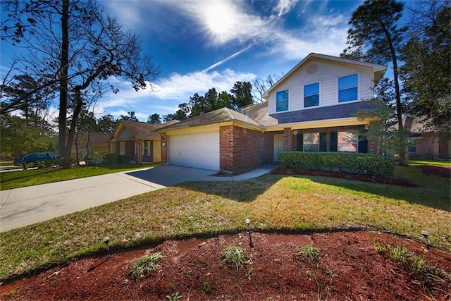 traditional-style house featuring driveway, a garage, a front lawn, and brick siding