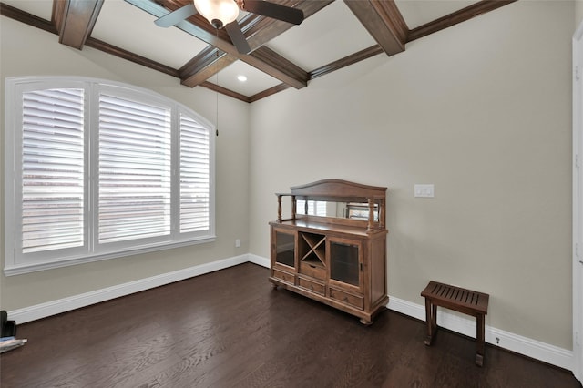 living room featuring beam ceiling, coffered ceiling, dark wood-type flooring, and baseboards