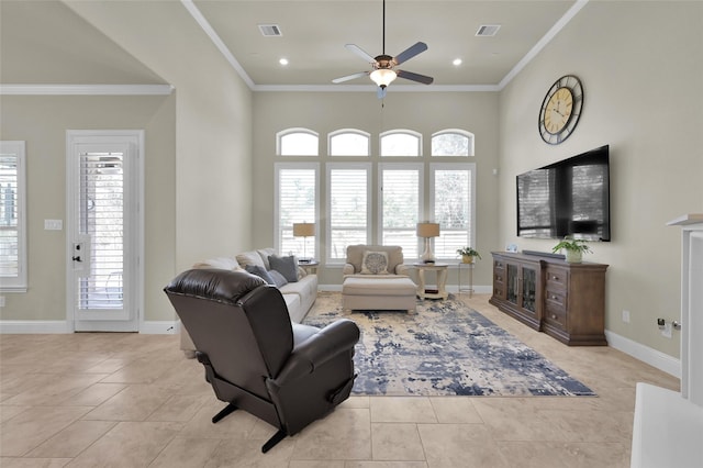 living area featuring crown molding, light tile patterned floors, and visible vents