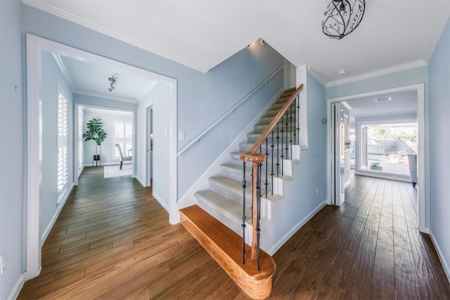 hallway with dark wood-style floors, ornamental molding, and a healthy amount of sunlight