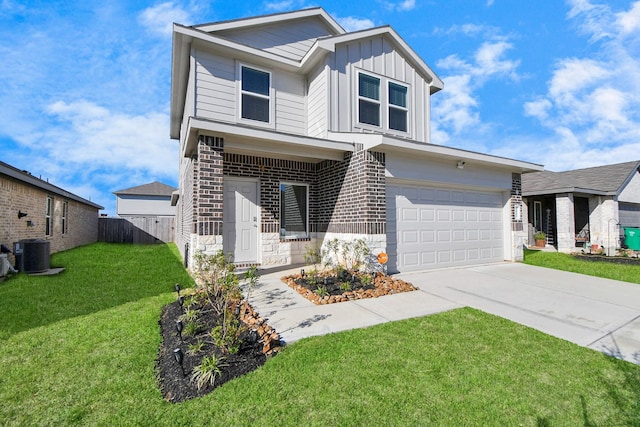 view of front facade featuring board and batten siding, concrete driveway, a front lawn, central AC, and brick siding