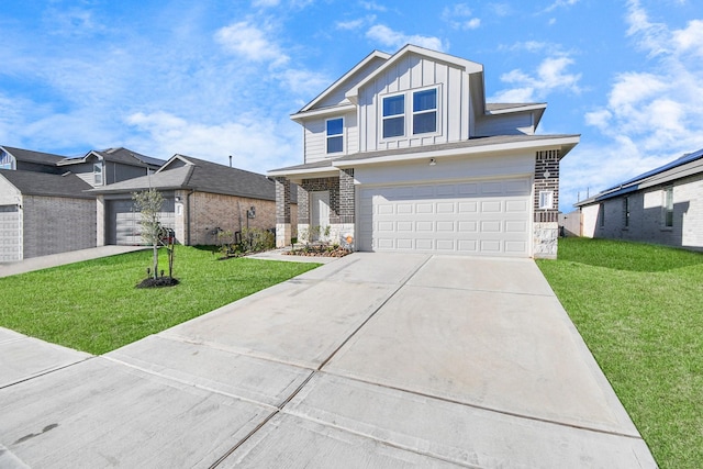 view of front of home with driveway, a front lawn, board and batten siding, and an attached garage