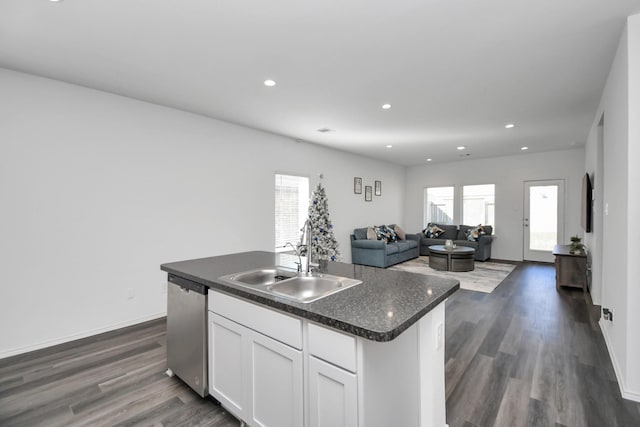 kitchen with dark countertops, white cabinetry, a sink, plenty of natural light, and dishwasher