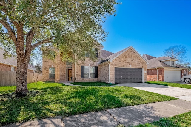 traditional-style house with an attached garage, brick siding, fence, driveway, and a front lawn