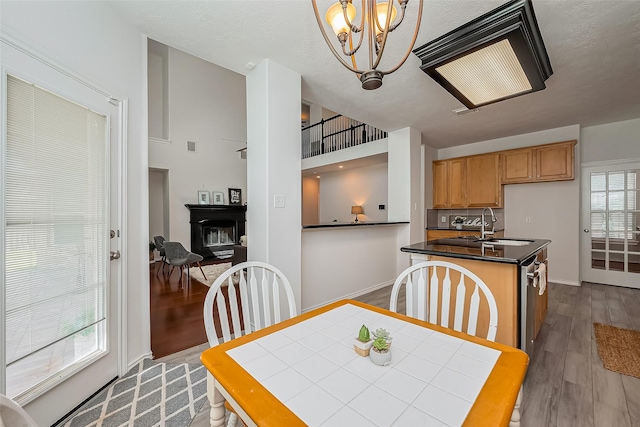 dining space featuring a chandelier, a fireplace, wood finished floors, and baseboards