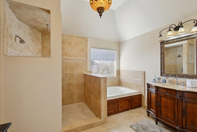 full bath featuring tiled shower, a garden tub, tile patterned flooring, vaulted ceiling, and vanity