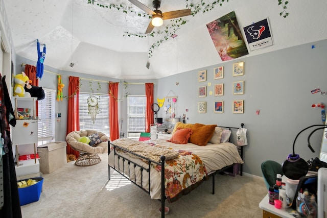 carpeted bedroom with vaulted ceiling, ceiling fan, access to outside, and baseboards