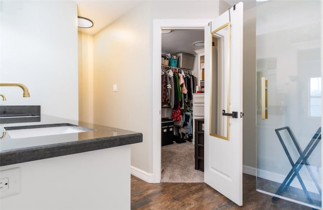 bathroom with a spacious closet, baseboards, a sink, and wood finished floors