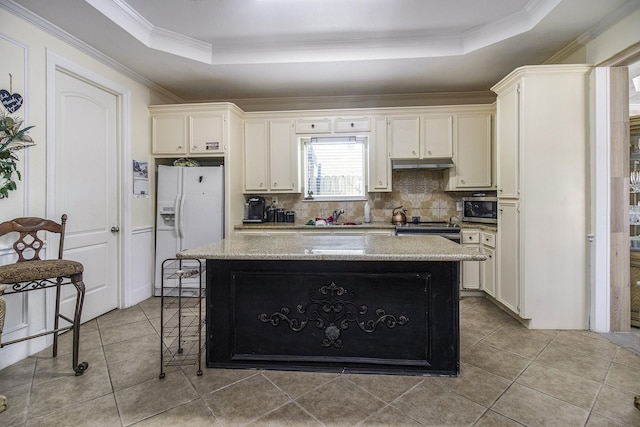 kitchen with a tray ceiling, appliances with stainless steel finishes, decorative backsplash, and a center island