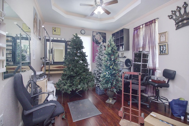 office with a ceiling fan, a tray ceiling, hardwood / wood-style floors, and ornamental molding