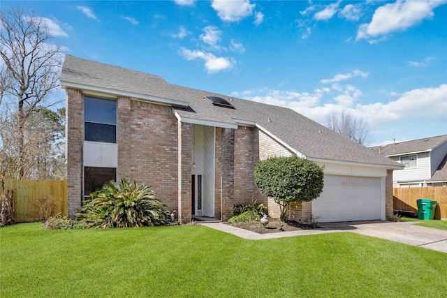 mid-century modern home with brick siding, a front lawn, a shingled roof, and fence