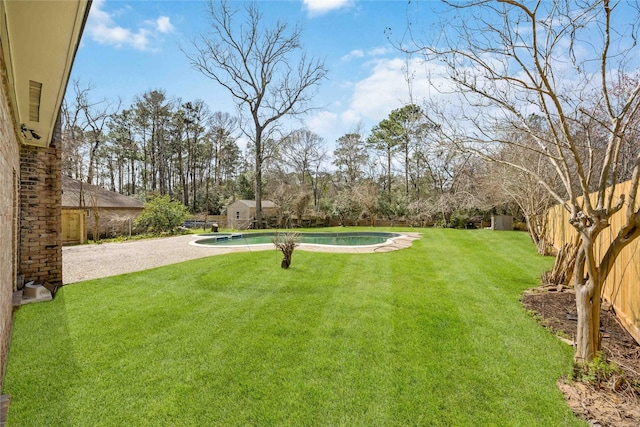 view of yard featuring a fenced backyard, an outdoor pool, and a patio