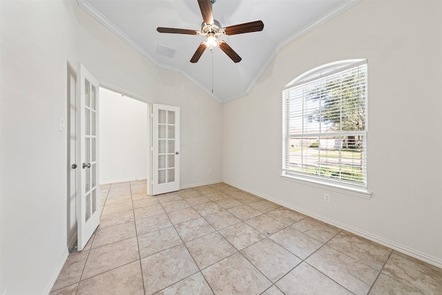 empty room with visible vents, vaulted ceiling, crown molding, french doors, and light tile patterned flooring