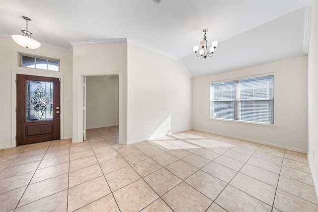 entrance foyer with light tile patterned floors, lofted ceiling, a chandelier, baseboards, and ornamental molding