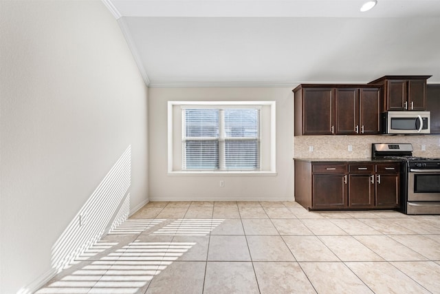 kitchen with decorative backsplash, appliances with stainless steel finishes, ornamental molding, light tile patterned flooring, and dark brown cabinets