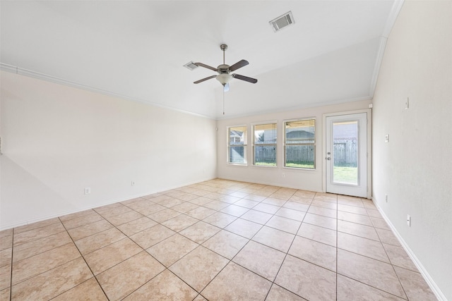 unfurnished room featuring visible vents, ornamental molding, light tile patterned flooring, ceiling fan, and baseboards