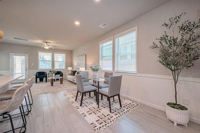 dining area featuring a ceiling fan, recessed lighting, light wood-style floors, and visible vents